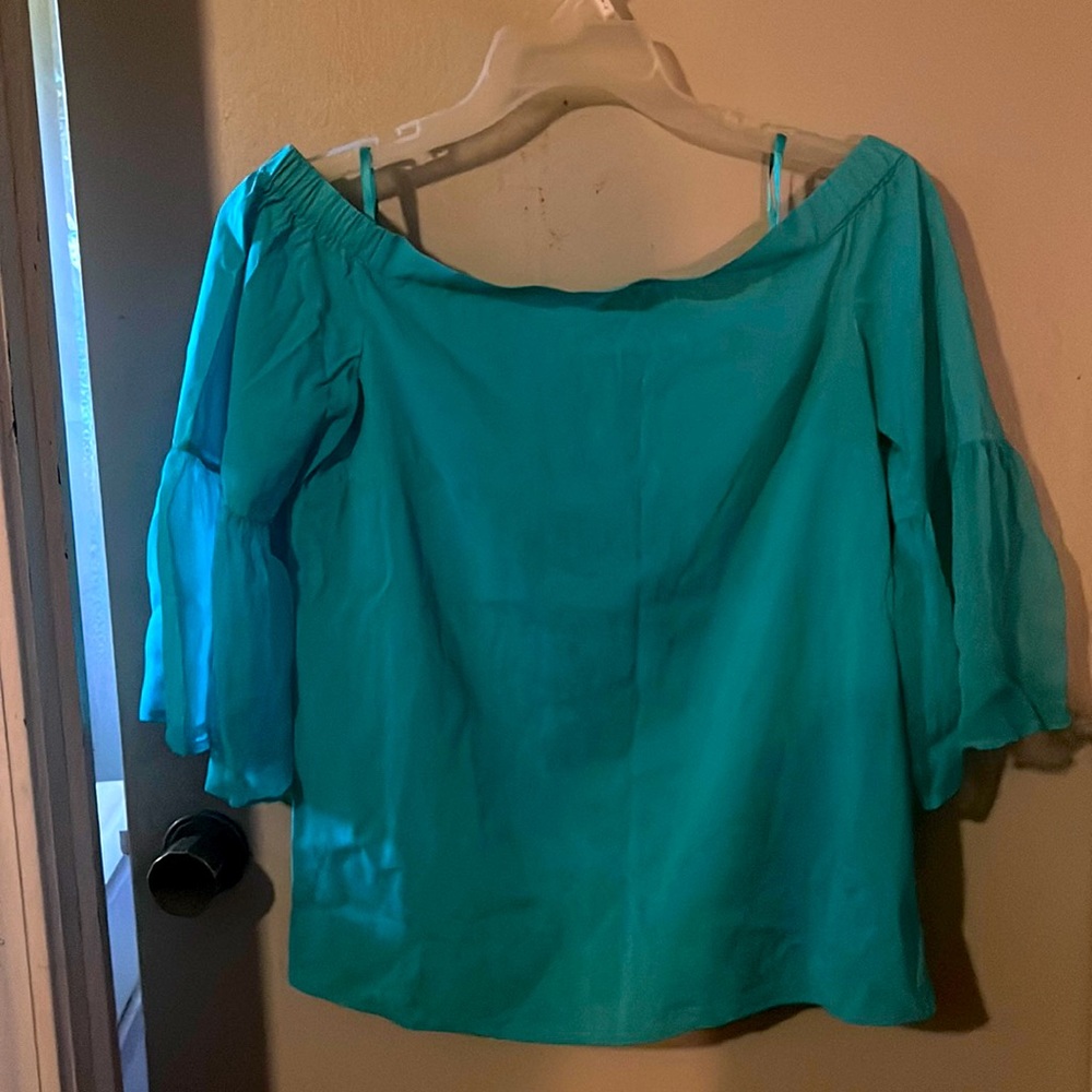 Antonio Melani size small teal off the shoulder top. 100% silk. Dry clean only.